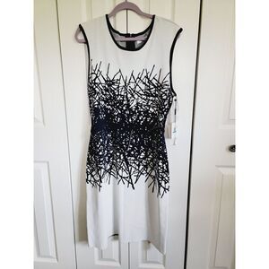 Calvin Klein XL Sweater Dress White Black Sheath Thin Belt Sleeveless Vtg‎ NWT
